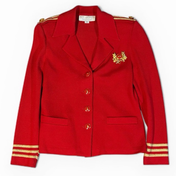 St John Santana Knit Red Military Skirt Suit Gold Braid Size 4 - Picture 4 of 12